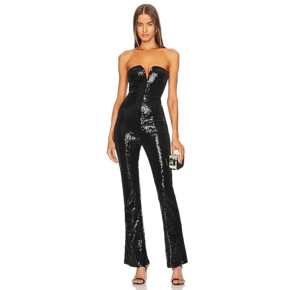Michael Costello X Revolve Black Strapless Giselle Sequin Jumpsuit, size S, NWT